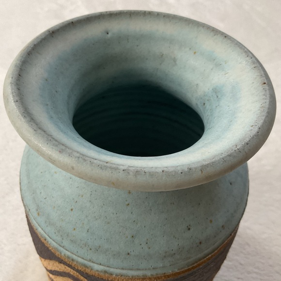 Signed Studio Pottery Vase 8” Carved Blue Matte Stoneware MCM - Picture 11 of 16